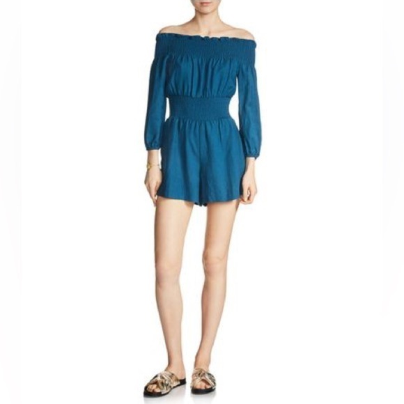 Maje Ilanda Romper XS Off-Shoulder Mini Smocked Linen Peacock Blue Luxury Party - Picture 6 of 8